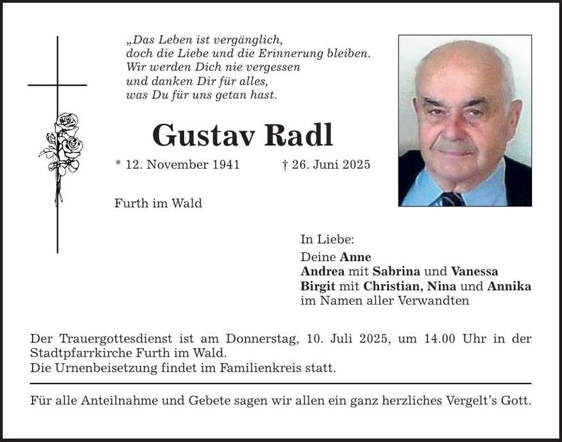Traueranzeige Gustav Radl