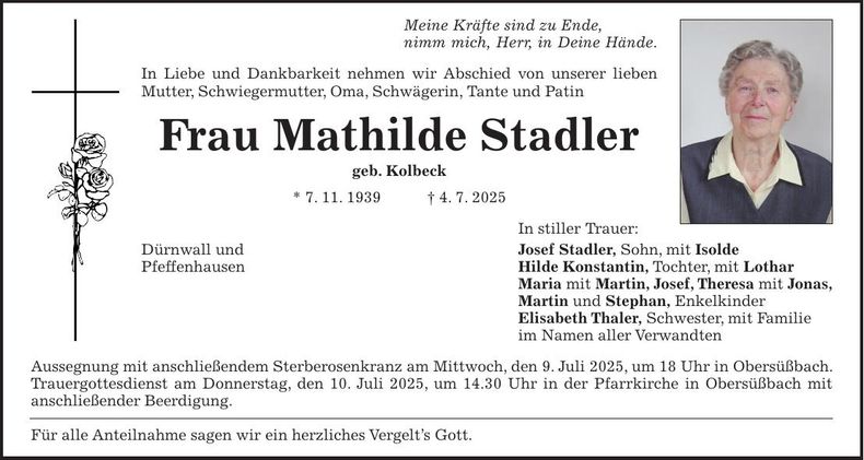Traueranzeige Mathilde Stadler