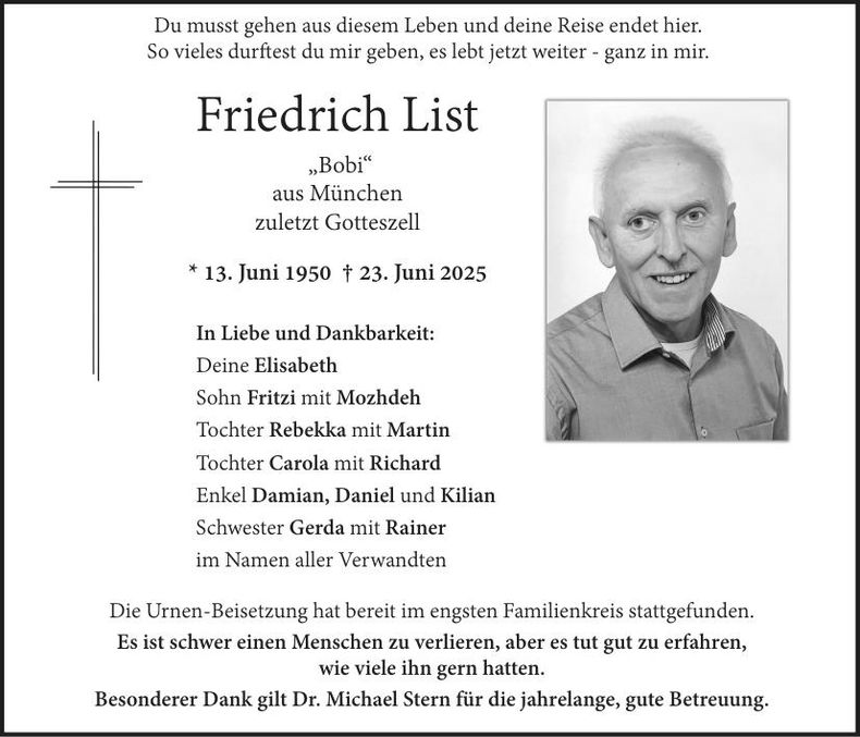 Traueranzeige Friedrich List