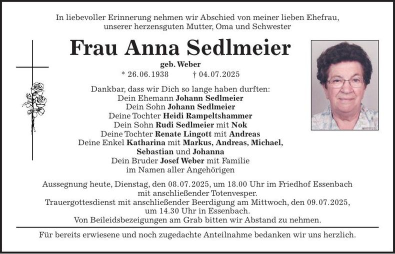 Traueranzeige Anna Sedlmeier