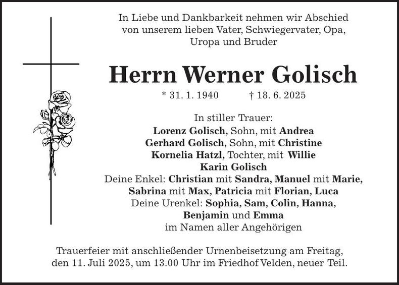 Traueranzeige Werner Golisch