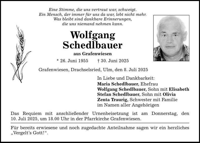 Traueranzeige Wolfgang Schedlbauer