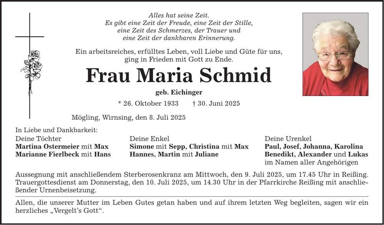 Traueranzeige Maria Schmid