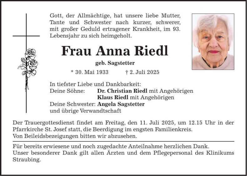Traueranzeige Anna Riedl