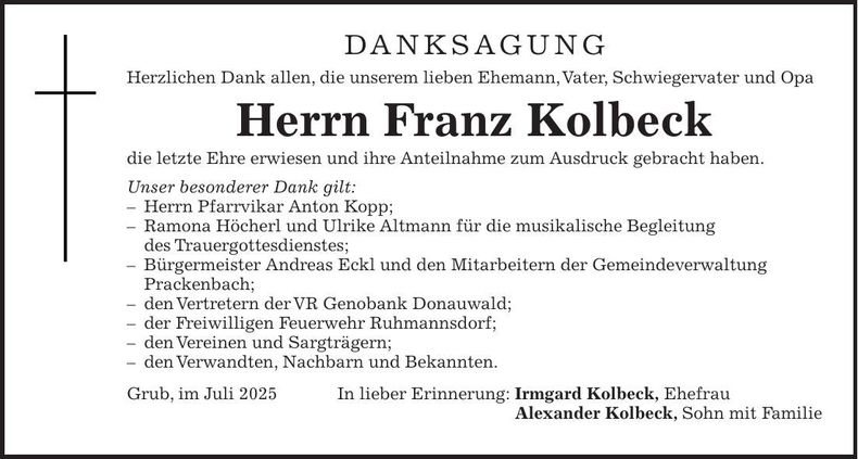 Traueranzeige Franz Kolbeck