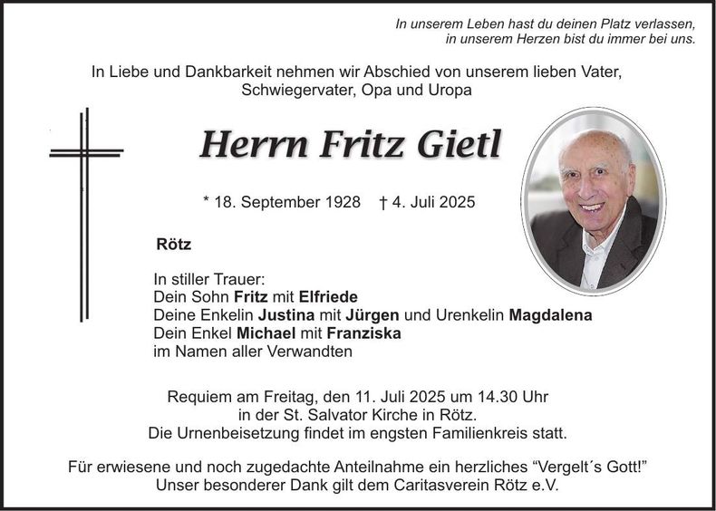 Traueranzeige Fritz Gietl