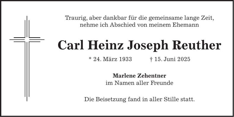 Traueranzeige Carl Heinz Joseph Reuther