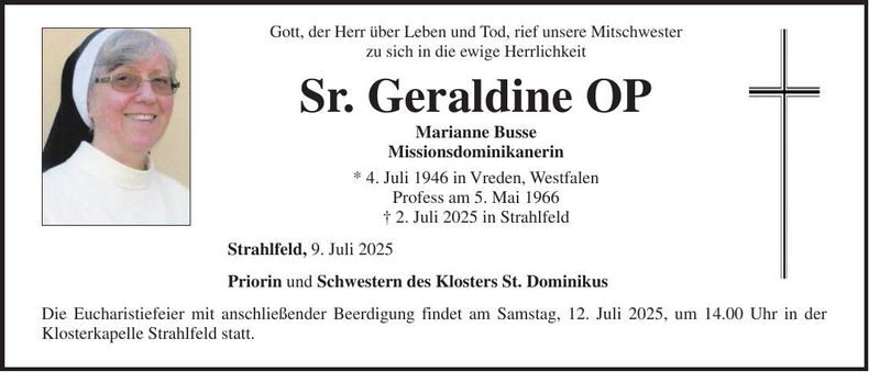 Traueranzeige Sr. Geraldine OP