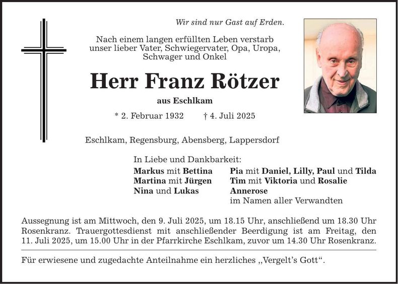 Traueranzeige Franz Rötzer
