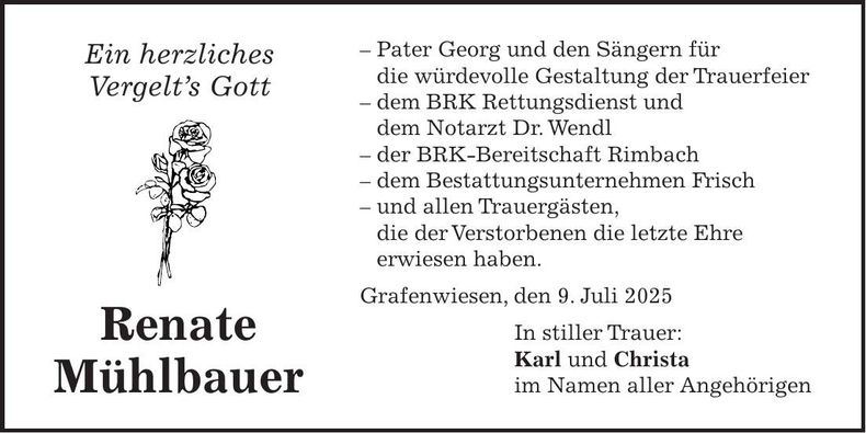 Traueranzeige Renate Mühlbauer