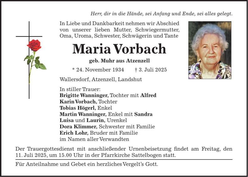 Traueranzeige Maria Vorbach