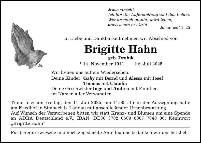 Traueranzeige Brigitte Hahn