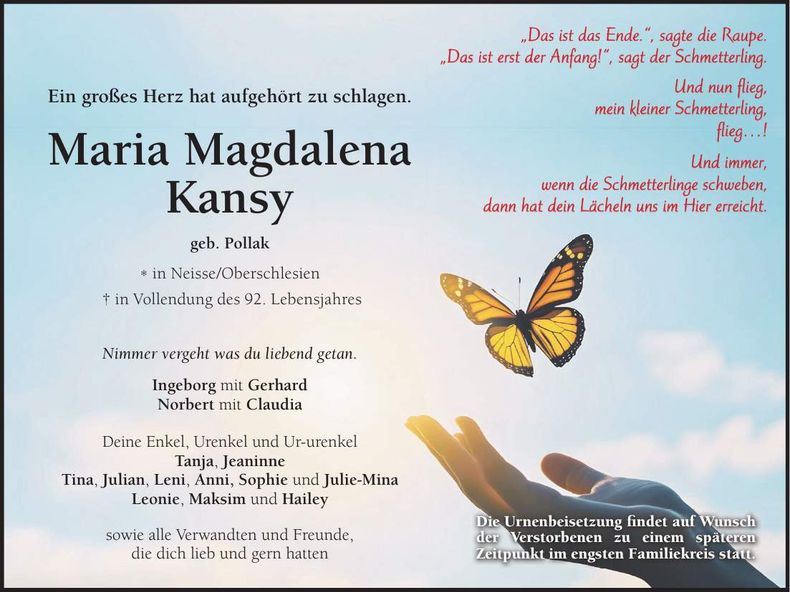Traueranzeige Maria Magdalena Kansy
