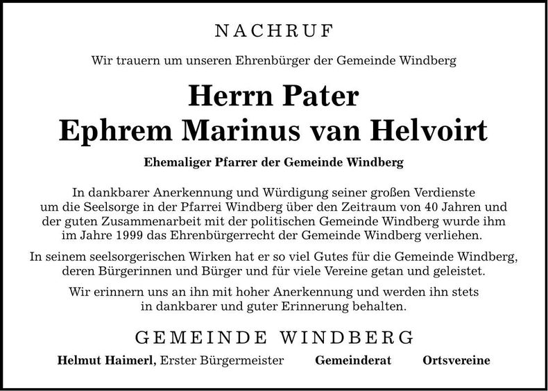 Traueranzeige Pater Ephrem Marinus van Helvoirt