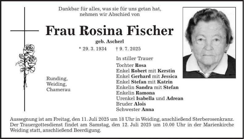 Traueranzeige Rosina Fischer