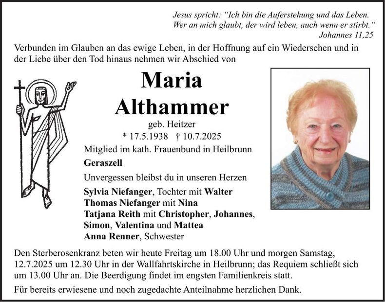 Traueranzeige Maria Althammer