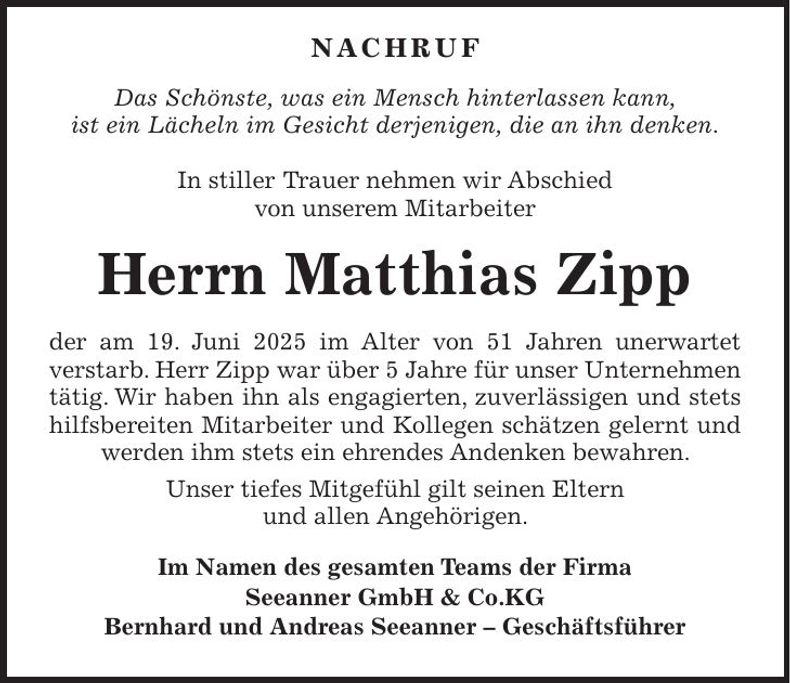 Traueranzeige Matthias Zipp