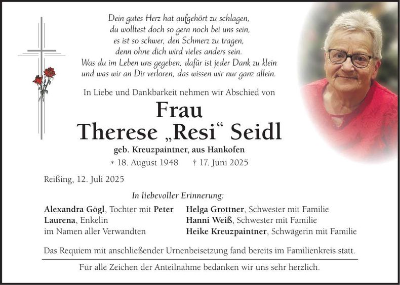 Traueranzeige Therese Seidl
