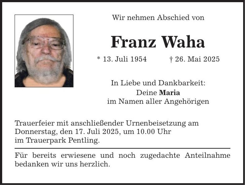 Traueranzeige Franz Waha