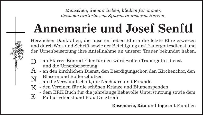 Traueranzeige Annemarie, Josef Senftl