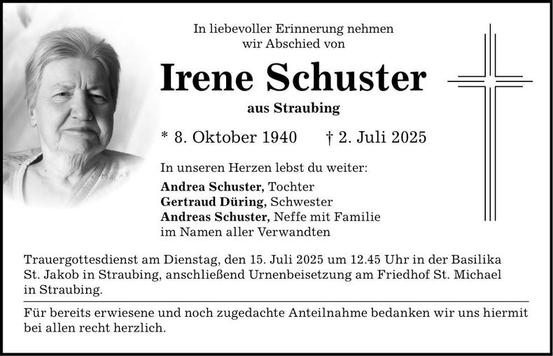 Traueranzeige Irene Schuster