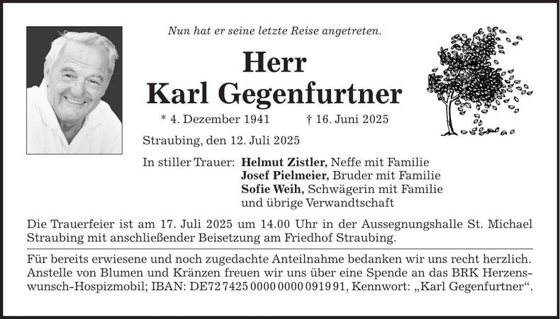 Traueranzeige Karl Gegenfurtner