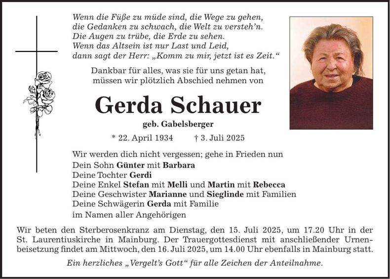 Traueranzeige Gerda Schauer