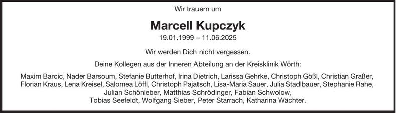 Traueranzeige Marcell Kupczyk