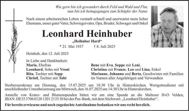 Traueranzeige Leonhard Heinhuber