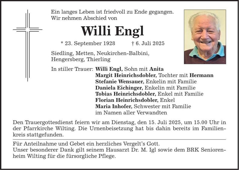Traueranzeige Willi Engl
