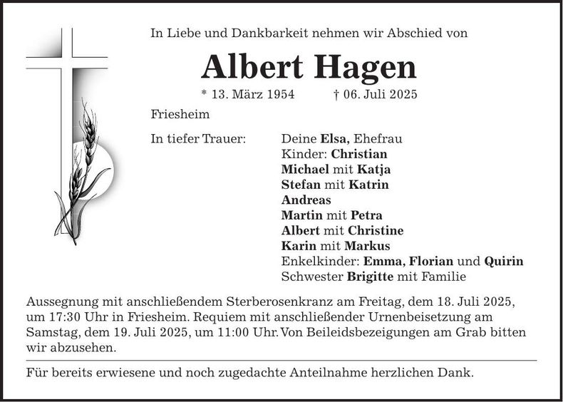 Traueranzeige Albert Hagen