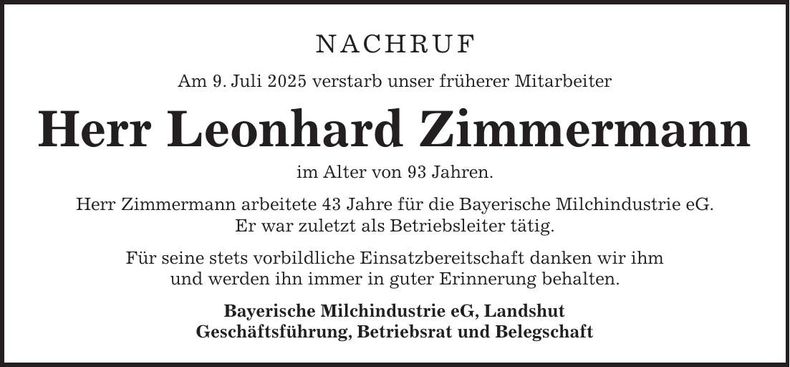 Traueranzeige Leonhard Zimmermann