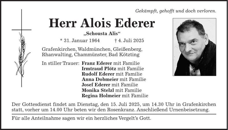 Traueranzeige Alois Ederer