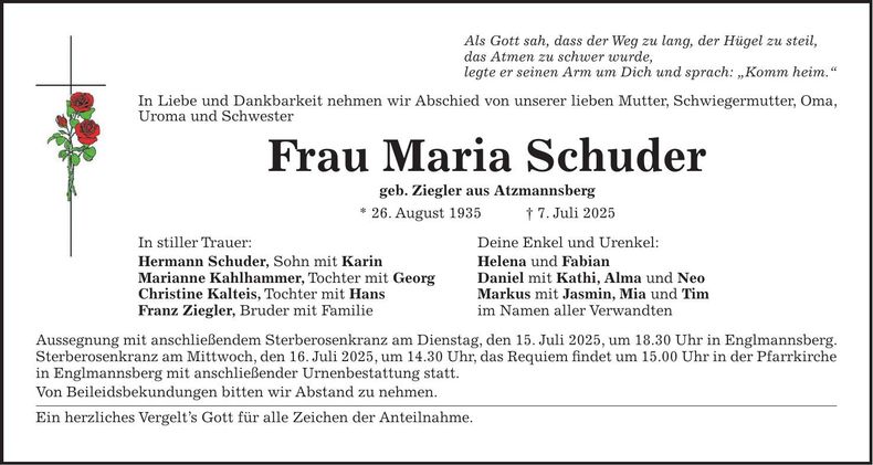 Traueranzeige Maria Schuder