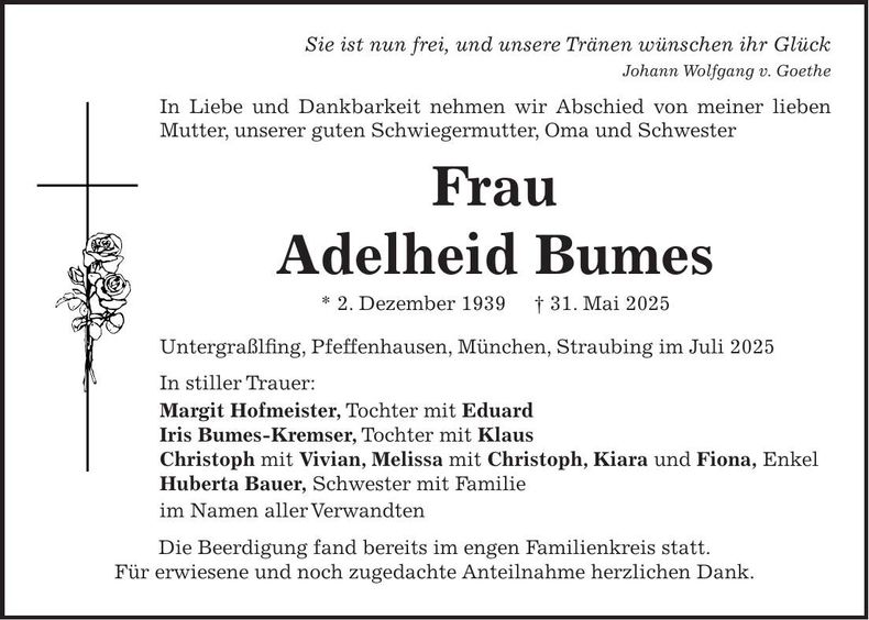 Traueranzeige Adelheid Bumes