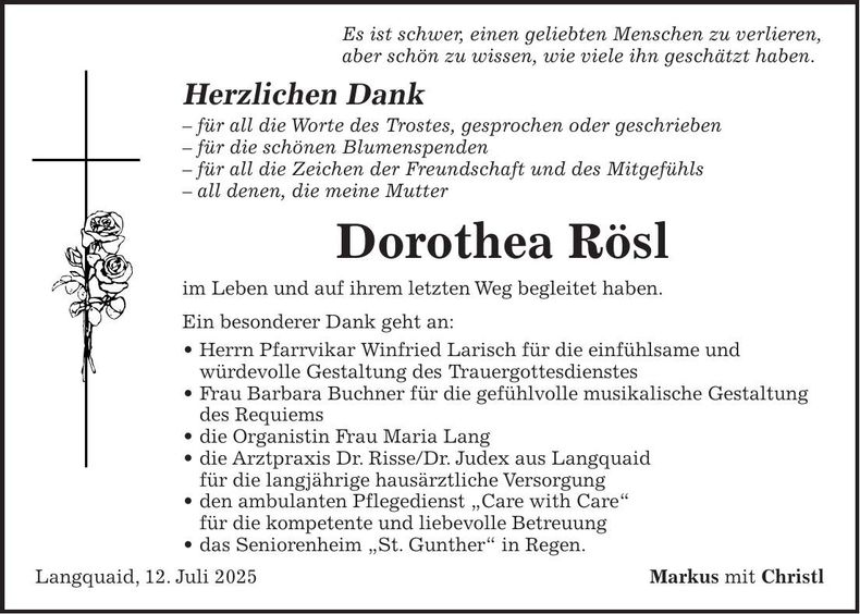 Traueranzeige Dorothea Rösl