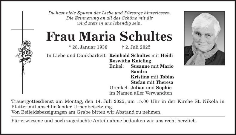 Traueranzeige Maria Schultes