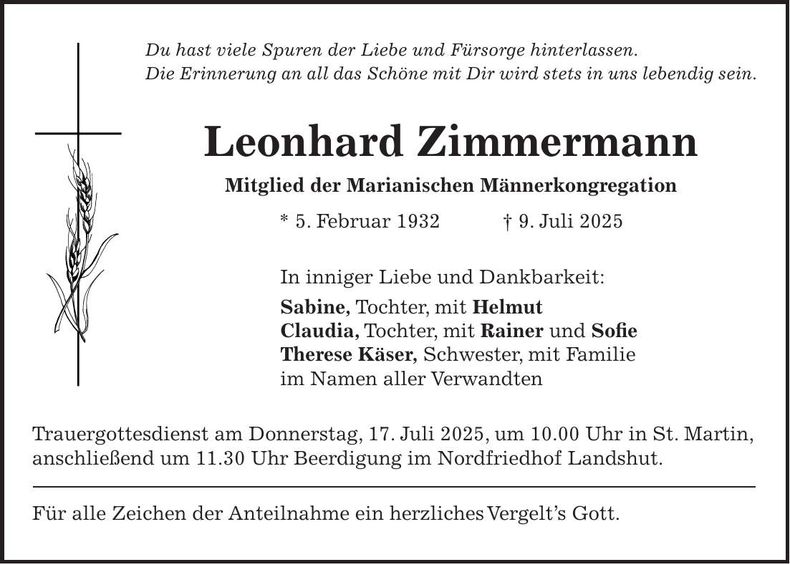 Traueranzeige Leonhard Zimermann
