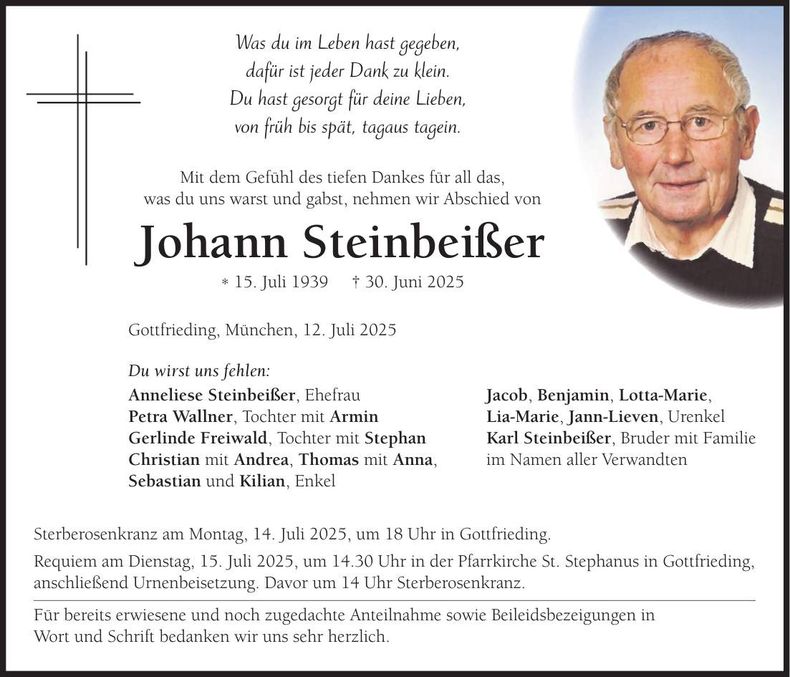 Traueranzeige Johann Steinbeißer