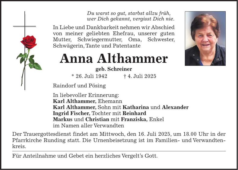 Traueranzeige Anna Althammer