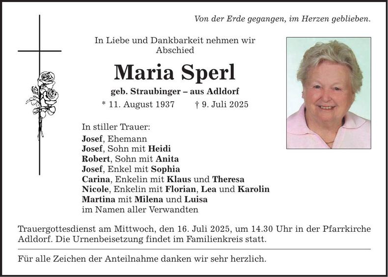 Traueranzeige Maria Sperl