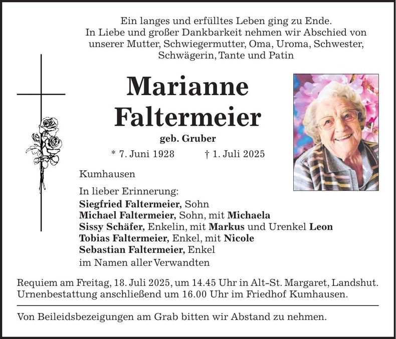 Traueranzeige Marianne Faltermeier