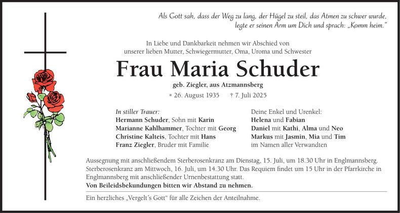 Traueranzeige Maria Schuder