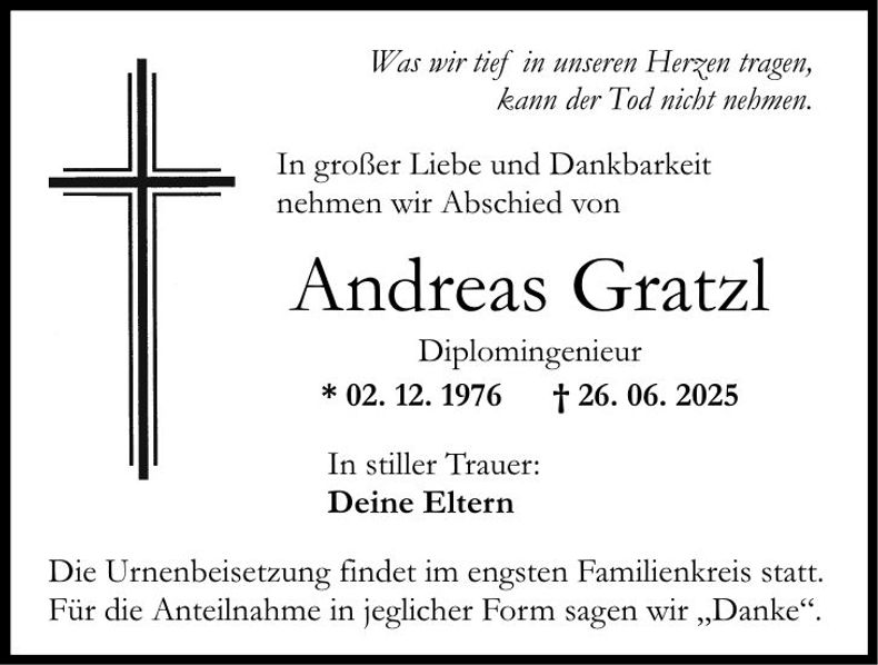 Traueranzeige Andreas Gratzl