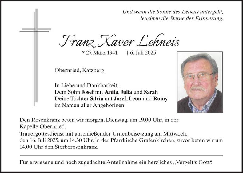Traueranzeige Franz Xaver Lehneis