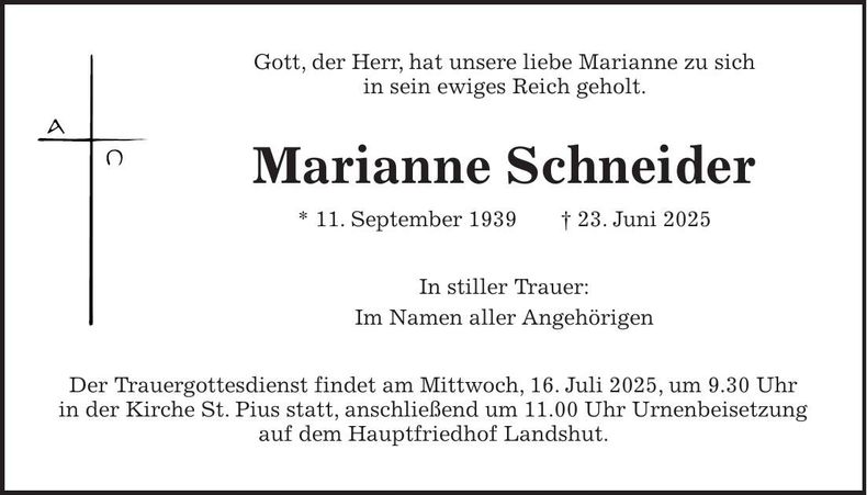 Traueranzeige Marianne Schneider