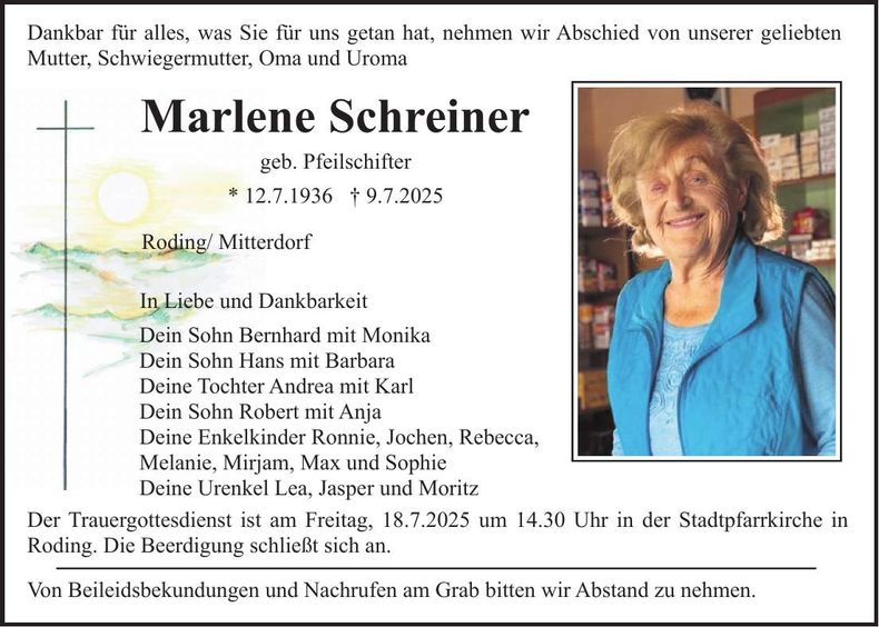 Traueranzeige Marlene Schreiner
