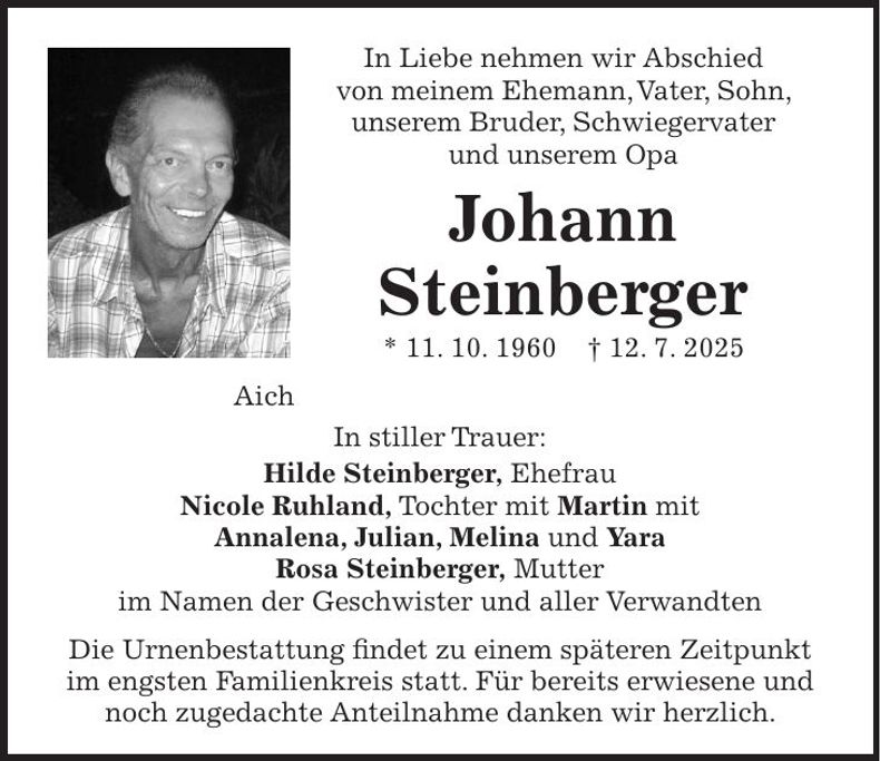 Traueranzeige Johann Steinberger