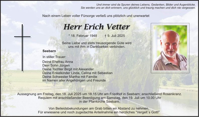 Traueranzeige Erich Vetter
