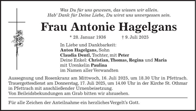 Traueranzeige Antonie Hagelgans